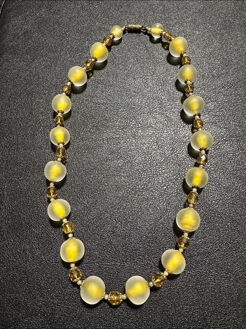 Mid Century Frosted Givre Satin Glass & Faceted Crystal VTG Bead Necklace